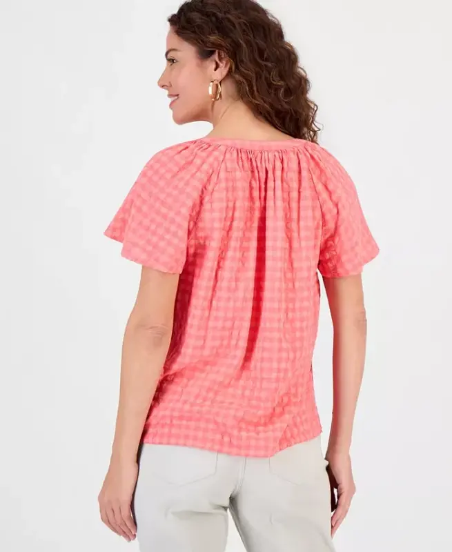 Women's Seersucker Split-Neck Flutter Sleeve Top, Created for Modazone - Tuscon Coral - 2