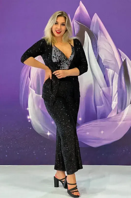 Modazone Katta O'lchamli Paetkalar bilan Kechki Shim kiyim KL94Z Qora - 7