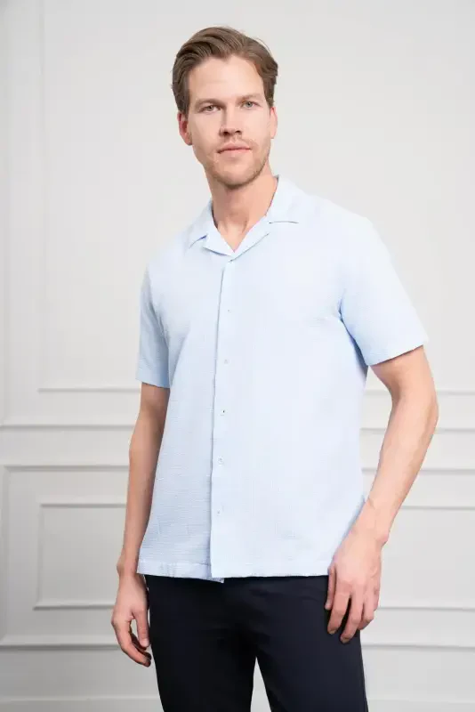 Modazone Men A. BLUE Apache Collar Short Sleeve Shirt - 1