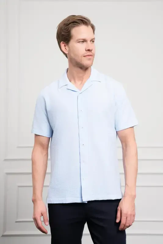 Modazone Men A. BLUE Apache Collar Short Sleeve Shirt - 3