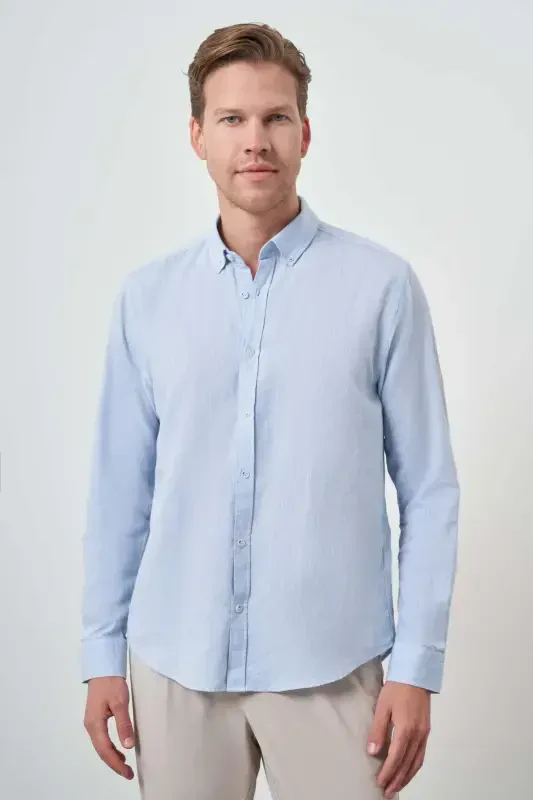 Modazone Men A. BLUE Linen Trend Dynamic Fit Button-Down Collar Shirt - 1