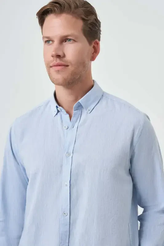 Modazone Men A. BLUE Linen Trend Dynamic Fit Button-Down Collar Shirt - 3