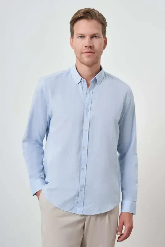 Modazone Men A. BLUE Linen Trend Dynamic Fit Button-Down Collar Shirt - 4
