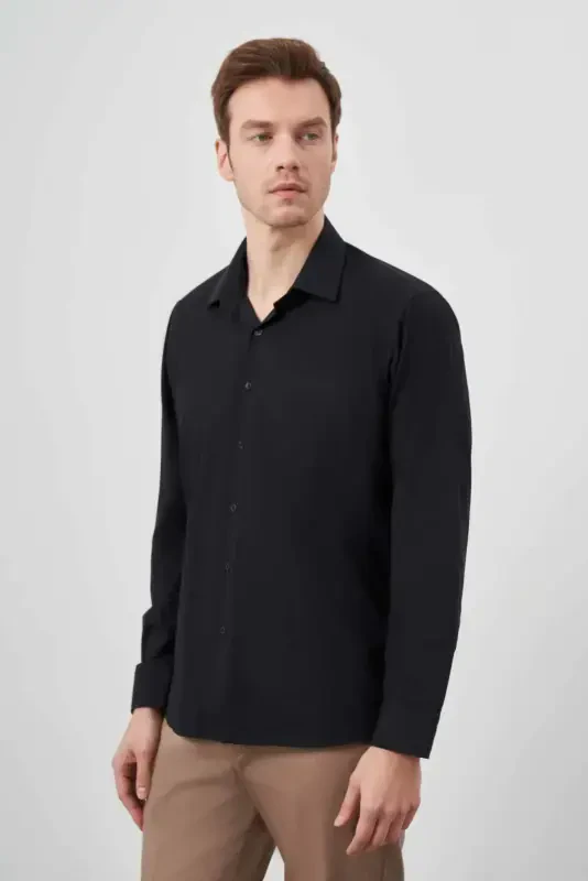 Modazone Men Black Basic Plain Pattern Pocketed Hard Collar Regular Fit Shirt - 1