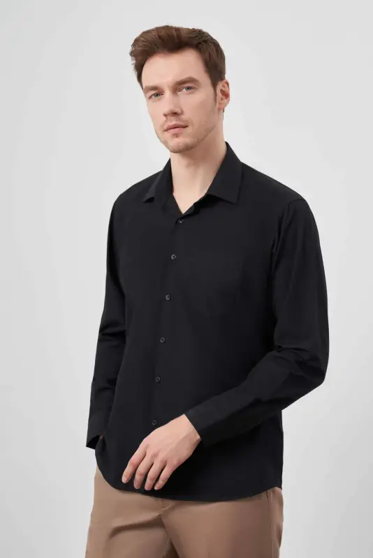 Modazone Men Black Basic Plain Pattern Pocketed Hard Collar Regular Fit Shirt - 2