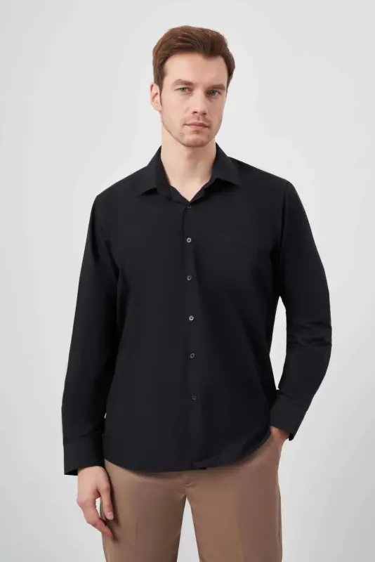 Modazone Men Black Basic Plain Pattern Pocketed Hard Collar Regular Fit Shirt - 5
