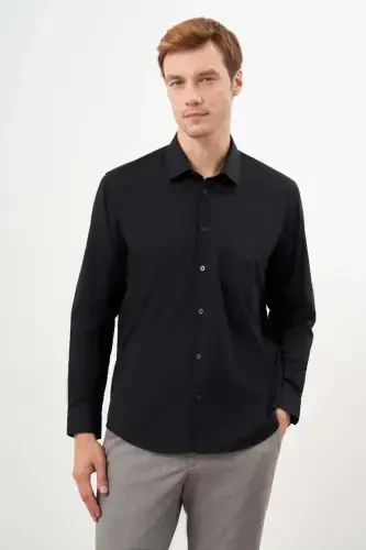 Modazone Men Black Basic Plain Pattern Pocketed Stiff Collar Regular Fit Shirt - 1
