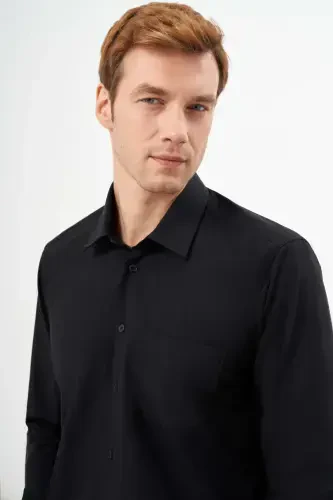 Modazone Men Black Basic Plain Pattern Pocketed Stiff Collar Regular Fit Shirt - 3