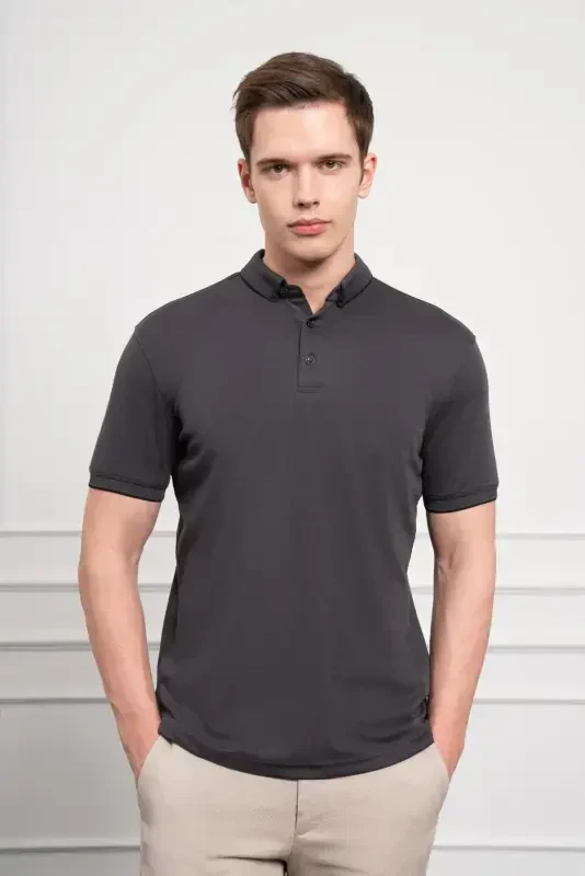 Modazone Men Black Trend Mercerized Plain Button-Down Collar Dynamic Fit T-Shirt - 1