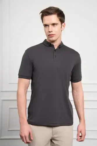 Modazone Men Black Trend Mercerized Plain Button-Down Collar Dynamic Fit T-Shirt - 3