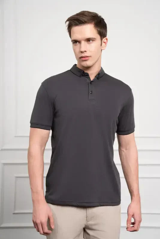 Modazone Men Black Trend Mercerized Plain Button-Down Collar Dynamic Fit T-Shirt - 3