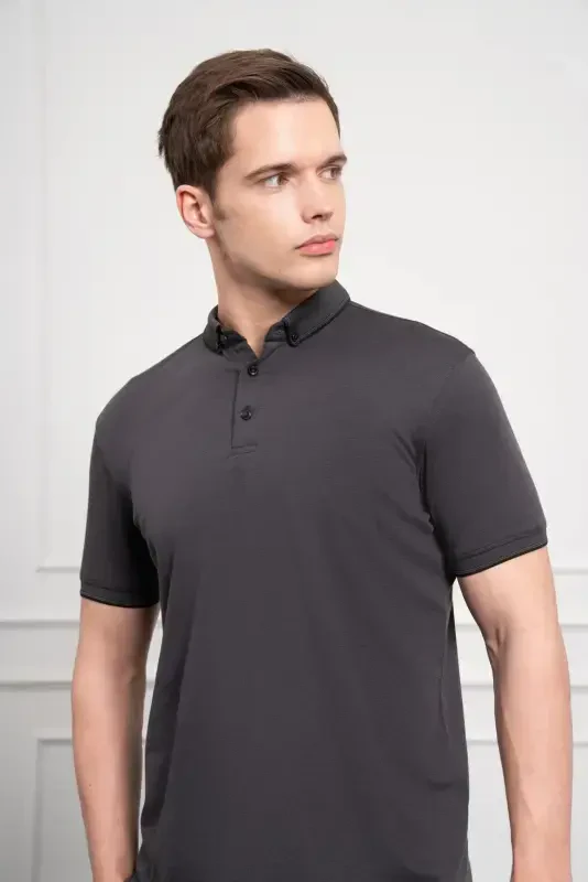 Modazone Men Black Trend Mercerized Plain Button-Down Collar Dynamic Fit T-Shirt - 4