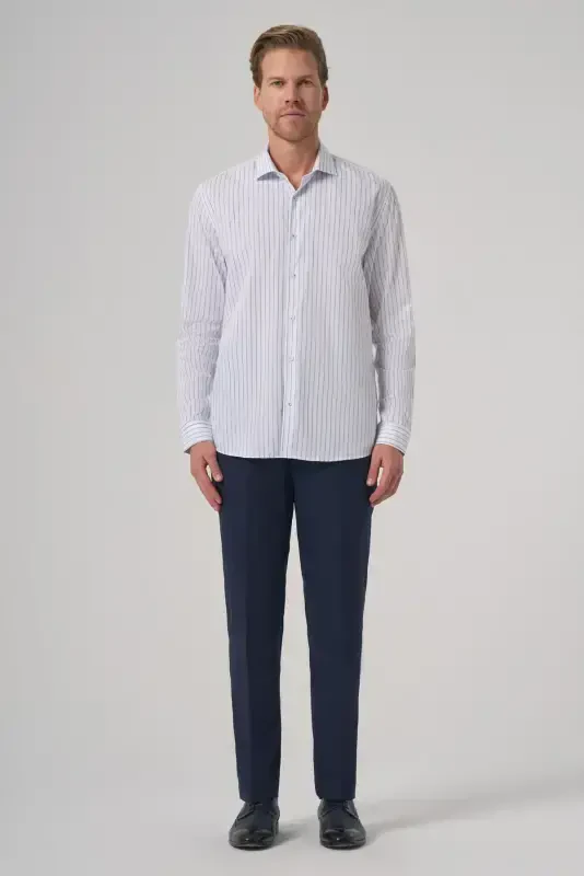 Modazone Men BLUE Cotton Trend Striped Slim Fit Half Italian Collar Shirt - 3