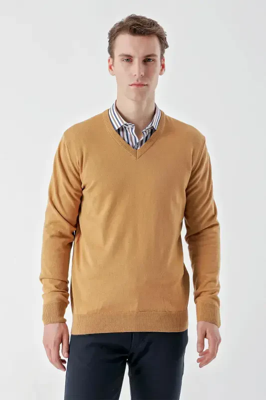 Modazone Men Camel Basic V Neck Dynamic Fit Comfort Fit Knitwear - 1