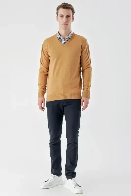 Modazone Men Camel Basic V Neck Dynamic Fit Comfort Fit Knitwear - 5