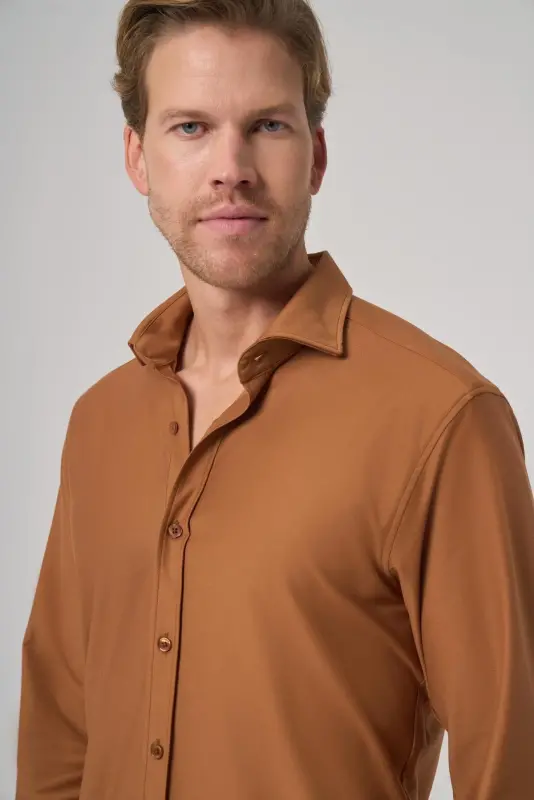 Modazone Men Cinnamon Trend Plain Slim Fit Full Italian Collar Shirt - 2