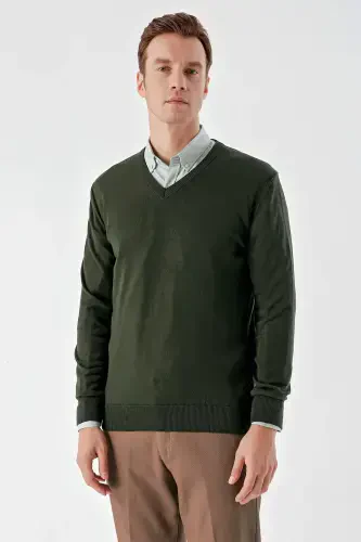 Modazone Men Khaki Basic V Neck Dynamic Fit Comfort Fit Knitwear - 1