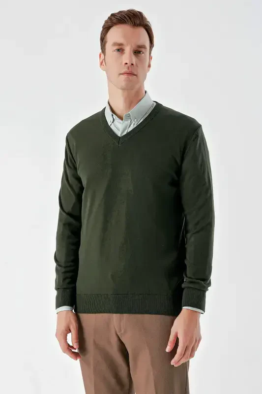 Modazone Men Khaki Basic V Neck Dynamic Fit Comfort Fit Knitwear - MORVEN