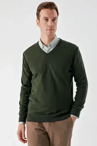 Modazone Men Khaki Basic V Neck Dynamic Fit Comfort Fit Knitwear - 2