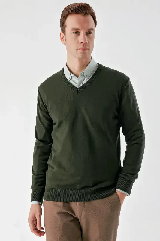 Modazone Men Khaki Basic V Neck Dynamic Fit Comfort Fit Knitwear - 2