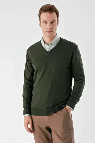 Modazone Men Khaki Basic V Neck Dynamic Fit Comfort Fit Knitwear - 3