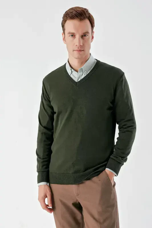 Modazone Men Khaki Basic V Neck Dynamic Fit Comfort Fit Knitwear - 3