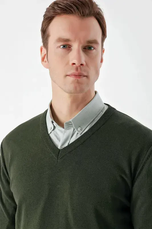 Modazone Men Khaki Basic V Neck Dynamic Fit Comfort Fit Knitwear - 4