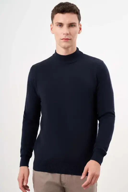 Modazone Men Navy Blue Basic Half Turtleneck Dynamic Fit Comfort Fit Knitwear - 3