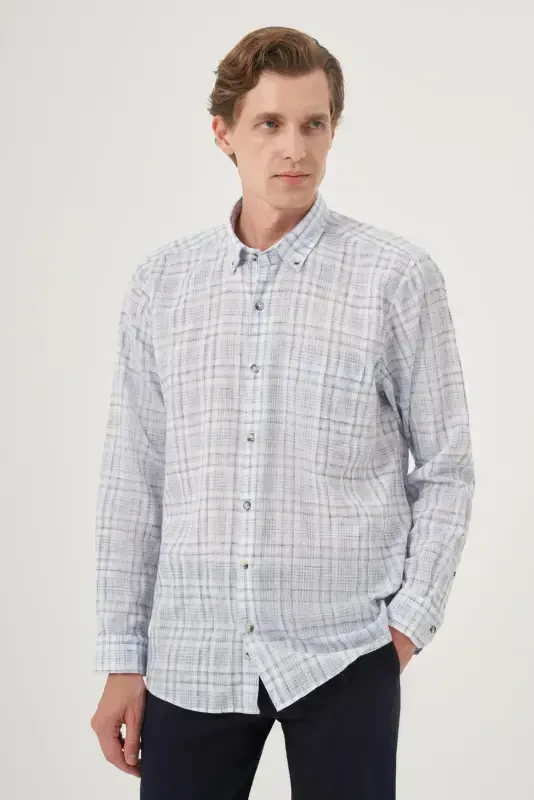 Modazone Men Navy Blue Linen Trend Regular Fit Button-Down Collar Shirt - 1