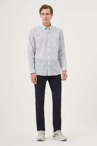 Modazone Men Navy Blue Linen Trend Regular Fit Button-Down Collar Shirt - 4