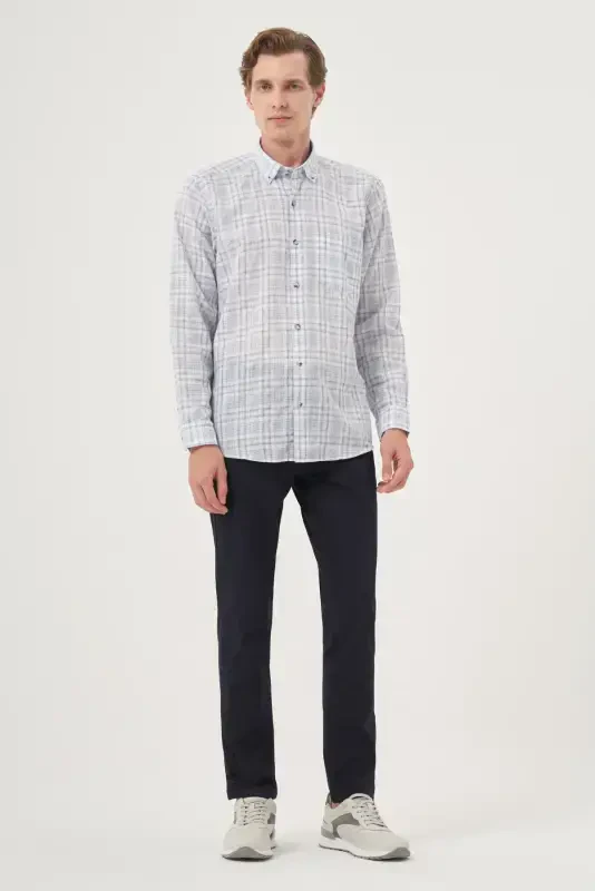 Modazone Men Navy Blue Linen Trend Regular Fit Button-Down Collar Shirt - 4