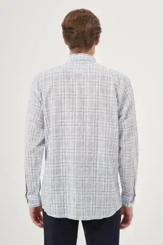 Modazone Men Navy Blue Linen Trend Regular Fit Button-Down Collar Shirt - 5