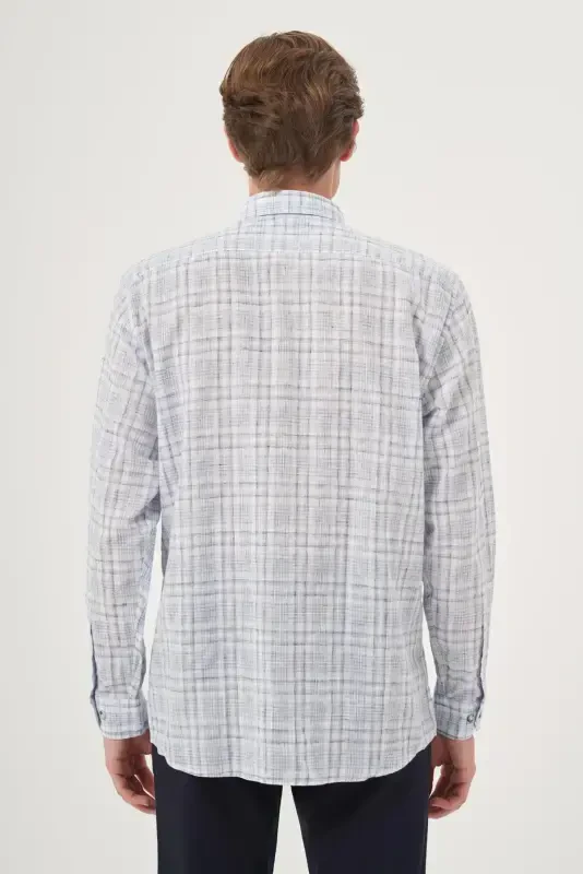 Modazone Men Navy Blue Linen Trend Regular Fit Button-Down Collar Shirt - 5