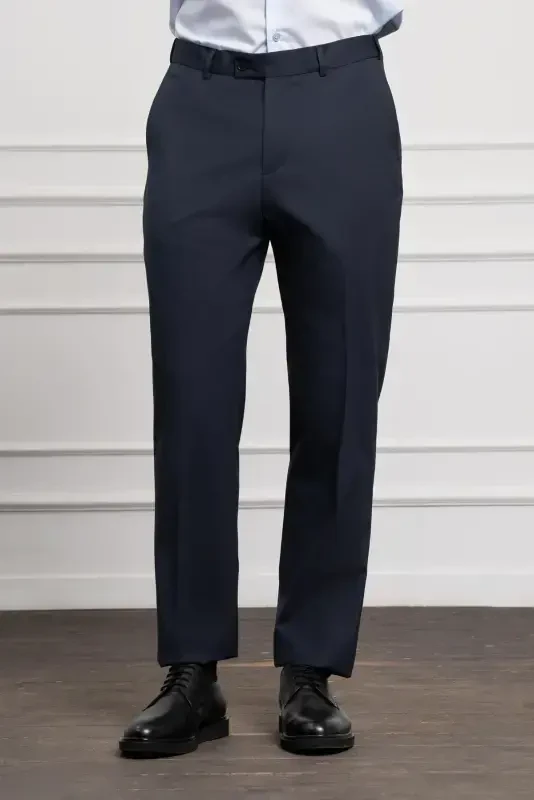 Modazone Men Navy Blue Wool Basic Dynamic Fit Comfort Fit Classic Trousers - MORVEN