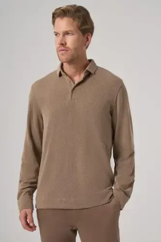 Modazone Men's A-Brown Trend Buttoned Polo Neck Sweatshirt - 1