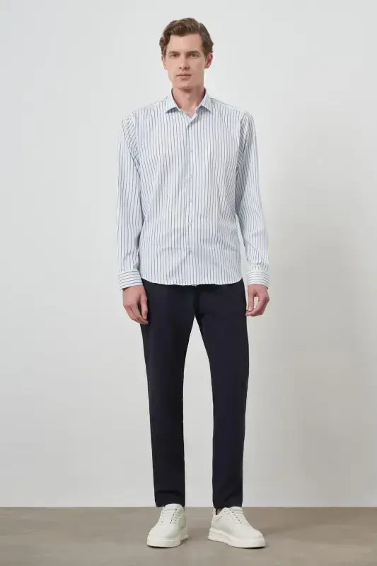 Modazone Men's A-White Trend Striped Slim Fit Italian Collar Shirt - 2