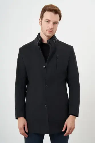 Modazone Men's Anthracite Birdseye Pattern Snap-Button Mandarin Collar Dynamic Fit Wool Blend Coat - 1