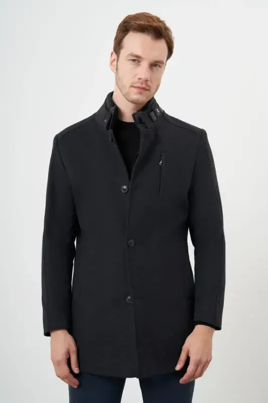 Modazone Men's Anthracite Birdseye Pattern Snap-Button Mandarin Collar Dynamic Fit Wool Blend Coat - 1