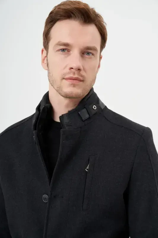 Modazone Men's Anthracite Birdseye Pattern Snap-Button Mandarin Collar Dynamic Fit Wool Blend Coat - 3