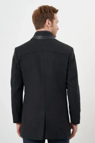 Modazone Men's Anthracite Birdseye Pattern Snap-Button Mandarin Collar Dynamic Fit Wool Blend Coat - 5