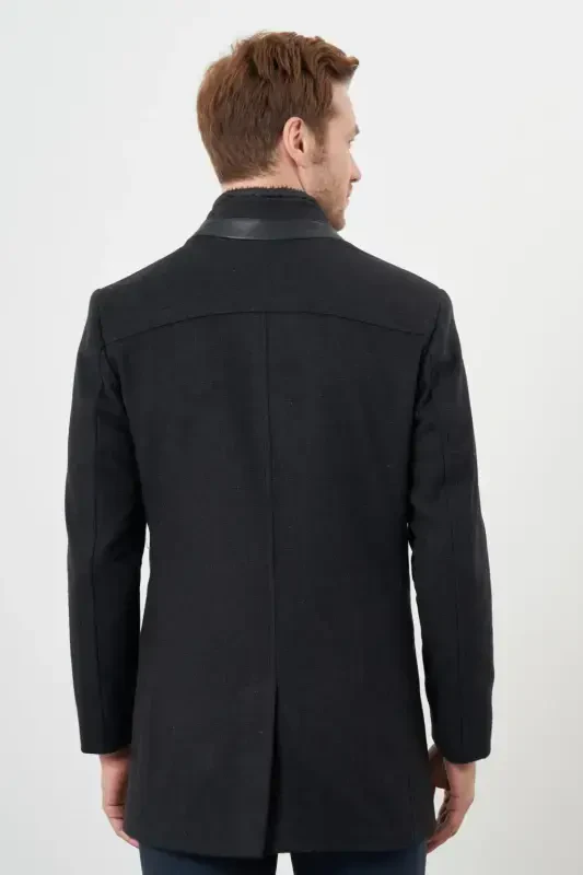 Modazone Men's Anthracite Birdseye Pattern Snap-Button Mandarin Collar Dynamic Fit Wool Blend Coat - 5