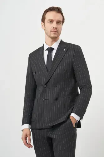 Modazone Men's Anthracite Polyviscose Trend Double Breasted Slim Fit Peak Lapel Suit - 2