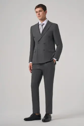 Modazone Men's Anthracite Polyviscose Trend Striped Slim Fit Double Breasted Suit - 3