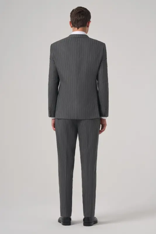 Modazone Men's Anthracite Polyviscose Trend Striped Slim Fit Double Breasted Suit - 5