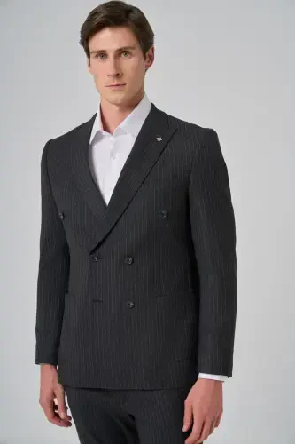 Modazone Men's Anthracite Polyviscose Trendy Striped Slim Fit Pointed Collar Double Breasted Suit - MORVEN (1)