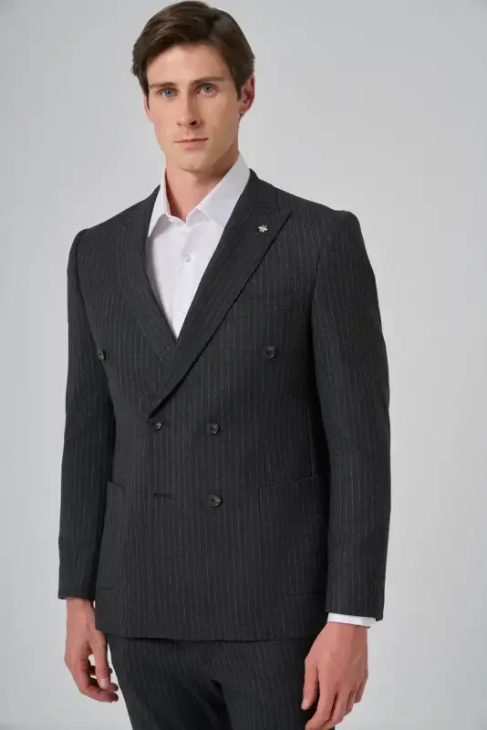 Modazone Men's Anthracite Polyviscose Trendy Striped Slim Fit Pointed Collar Double Breasted Suit - 2