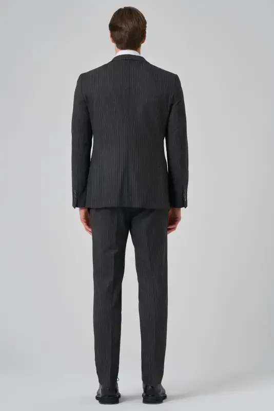 Modazone Men's Anthracite Polyviscose Trendy Striped Slim Fit Pointed Collar Double Breasted Suit - 4