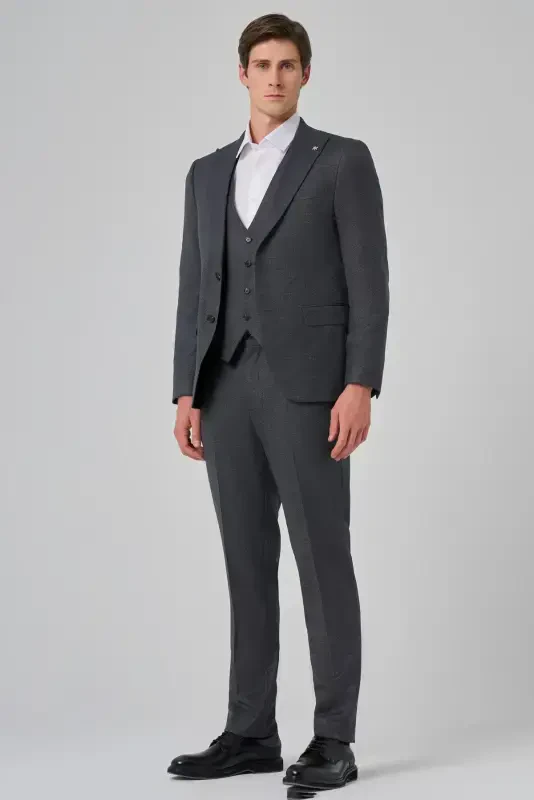 Modazone Men's Anthracite Polyviscose Vested Trend Patterned Slim Fit Pointed Collar Suit - 2