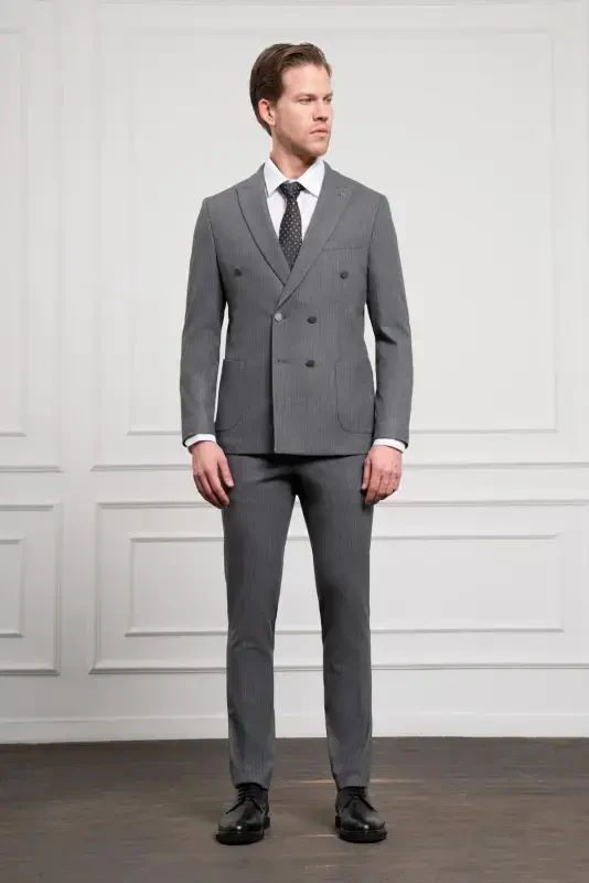 Modazone Men's Anthracite Trend Double Breasted Slim Fit Narrow Cut Pointed Collar Suit - 2