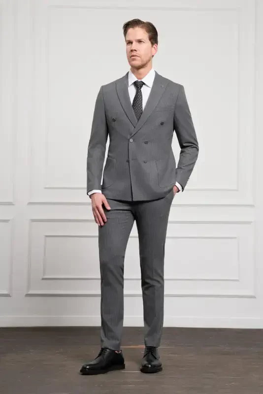 Modazone Men's Anthracite Trend Double Breasted Slim Fit Narrow Cut Pointed Collar Suit - 4